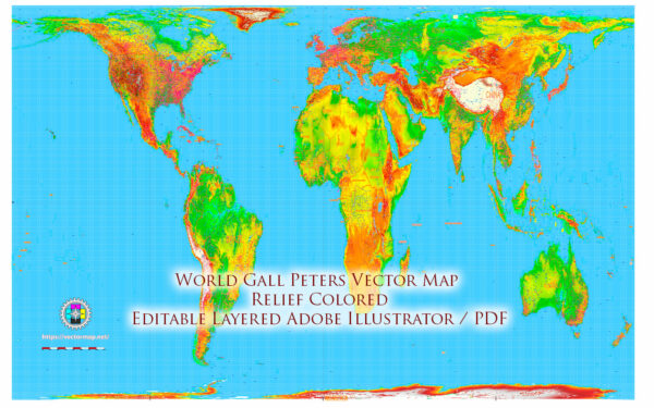 World Gall-Peters Projection Colored Relief Political Map High detailed fully editable Adobe Illustrator