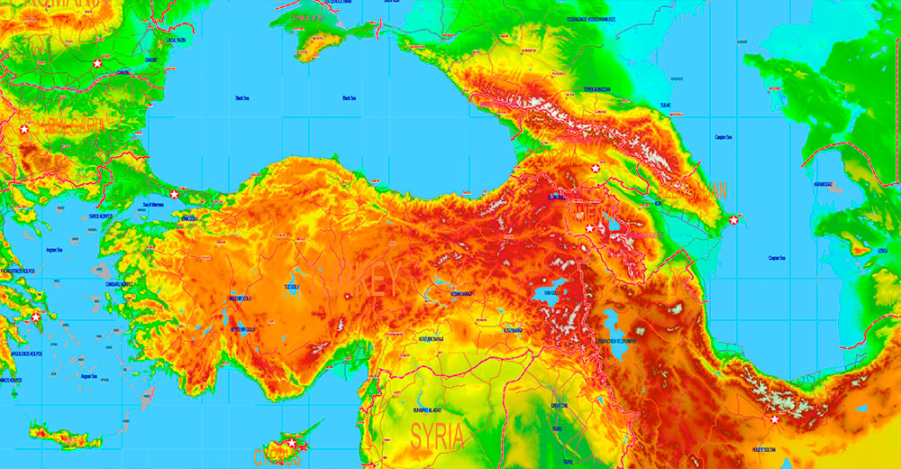 World Gall-Peters Projection Colored Relief Political Map High detailed fully editable Adobe Illustrator