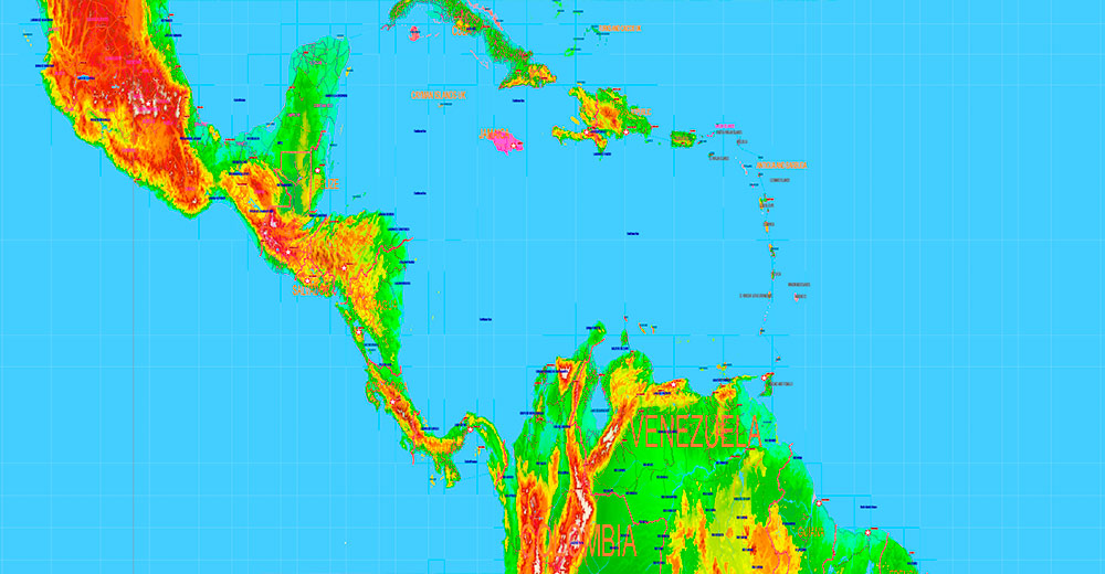 World Gall-Peters Projection Colored Relief Political Map High detailed fully editable Adobe Illustrator