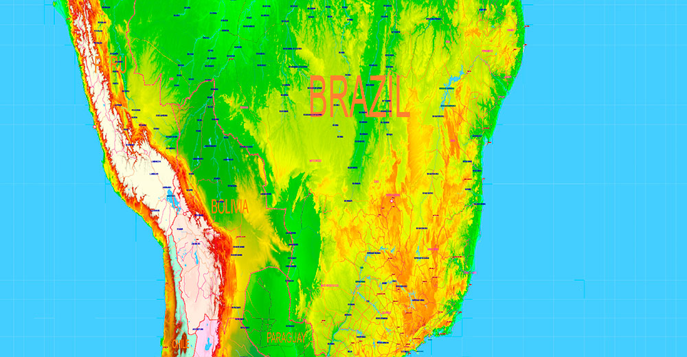 World Gall-Peters Projection Colored Relief Political Map High detailed fully editable Adobe Illustrator