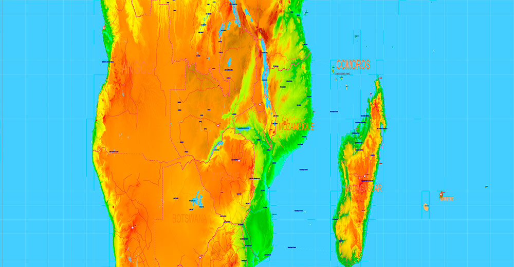 World Gall-Peters Projection Colored Relief Political Map High detailed fully editable Adobe Illustrator