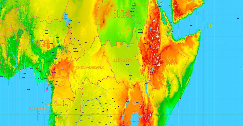 World Gall-Peters Projection Colored Relief Political Map High detailed fully editable Adobe Illustrator