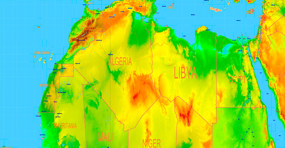 World Gall-Peters Projection Colored Relief Political Map High detailed fully editable Adobe Illustrator