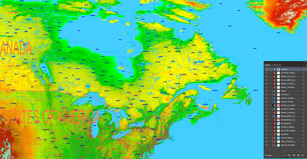 World Gall-Peters Projection Colored Relief Political Map High detailed fully editable Adobe Illustrator