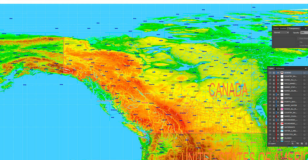World Gall-Peters Projection Colored Relief Political Map High detailed fully editable Adobe Illustrator