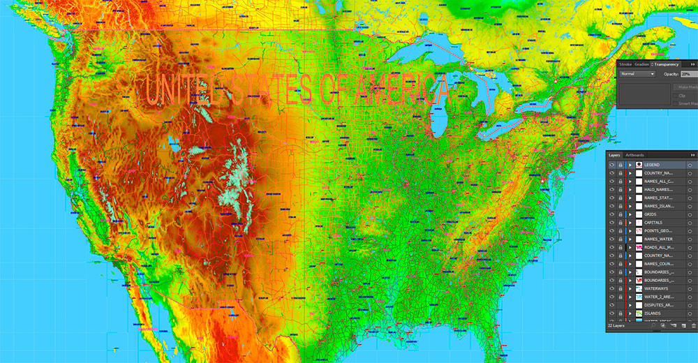 World Gall-Peters Projection Colored Relief Political Map High detailed fully editable Adobe Illustrator