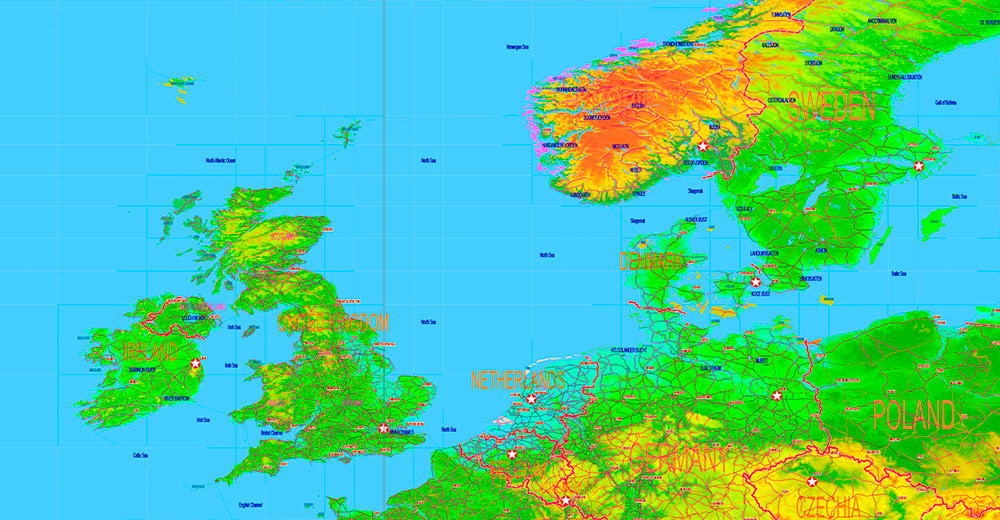 World Gall-Peters Projection Colored Relief Political Map High detailed fully editable Adobe Illustrator