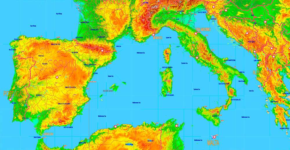 World Gall-Peters Projection Colored Relief Political Map High detailed fully editable Adobe Illustrator