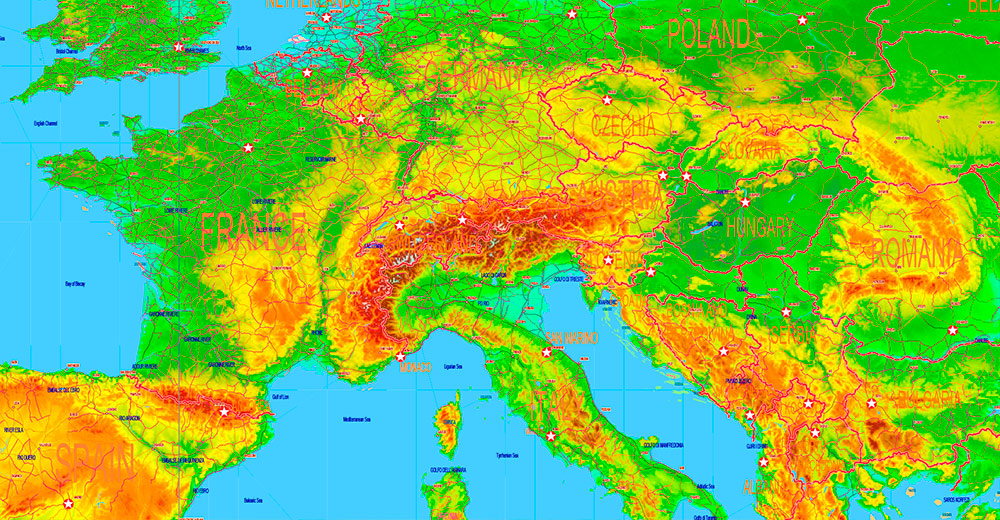 World Gall-Peters Projection Colored Relief Political Map High detailed fully editable Adobe Illustrator