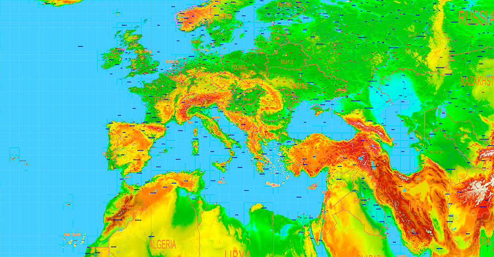 World Gall-Peters Projection Colored Relief Political Map High detailed fully editable Adobe Illustrator