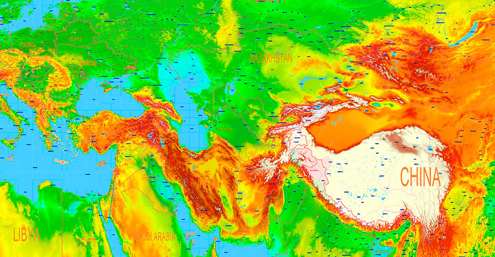 World Gall-Peters Projection Colored Relief Political Map High detailed fully editable Adobe Illustrator