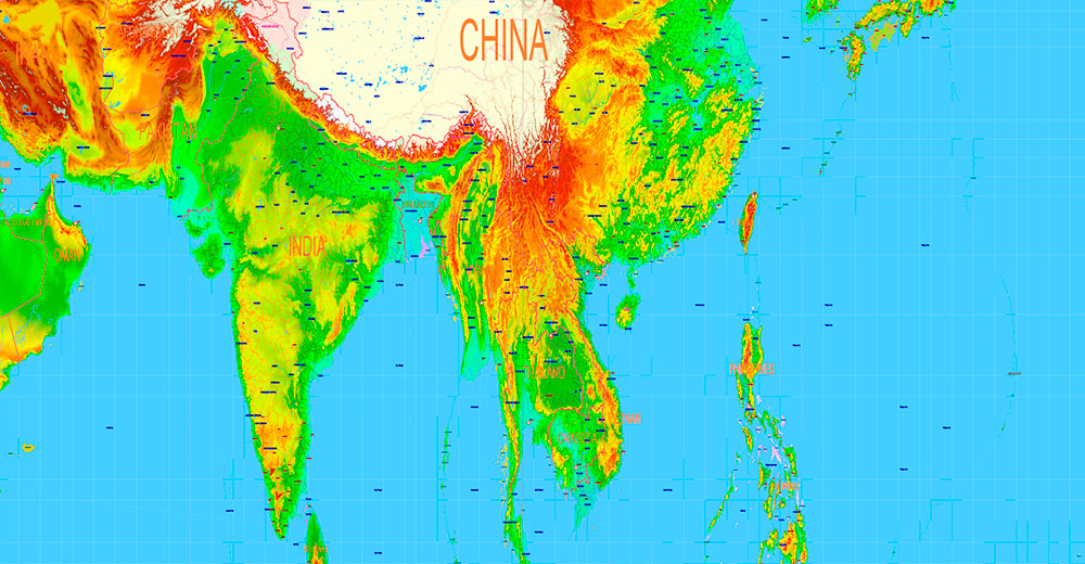 World Gall-Peters Projection Colored Relief Political Map High detailed fully editable Adobe Illustrator