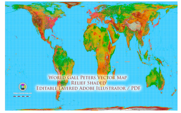 World Gall-Peters Projection Shaded Relief Political Vector Map High detailed fully editable Adobe Illustrator