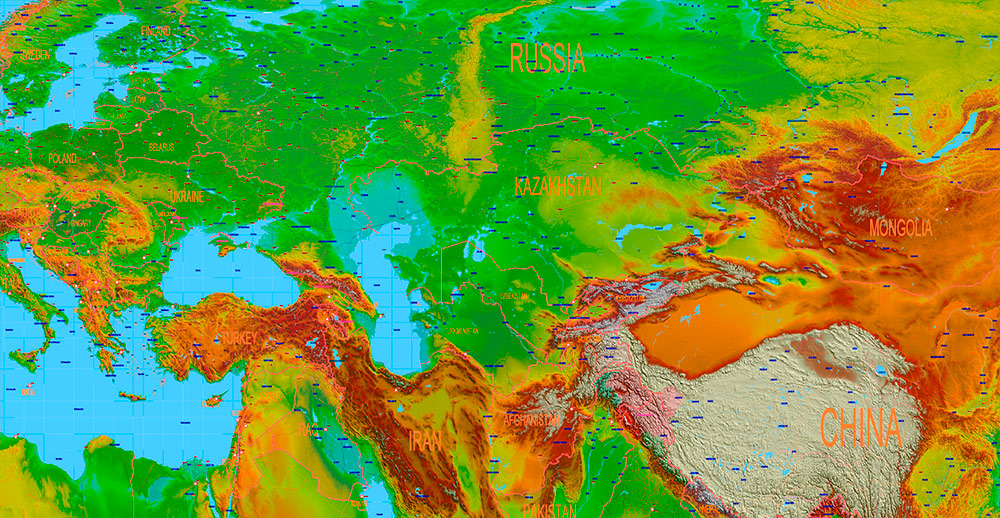 World Gall-Peters Projection Shaded Relief Political Vector Map High detailed fully editable Adobe Illustrator