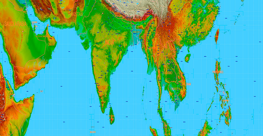 World Gall-Peters Projection Shaded Relief Political Vector Map High detailed fully editable Adobe Illustrator