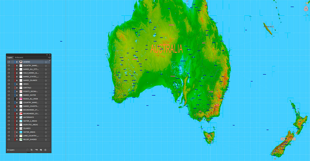 World Gall-Peters Projection Shaded Relief Political Vector Map High detailed fully editable Adobe Illustrator