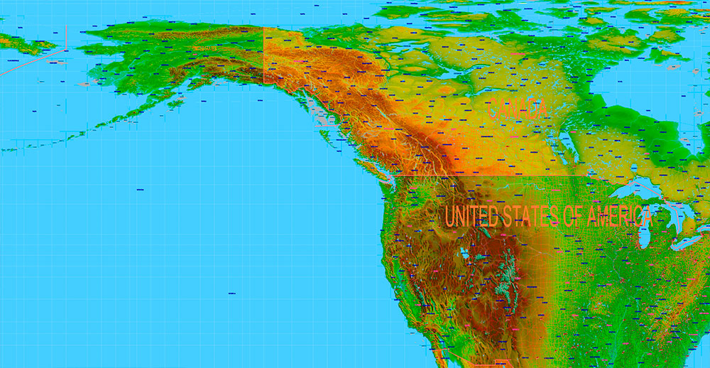 World Gall-Peters Projection Shaded Relief Political Vector Map High detailed fully editable Adobe Illustrator