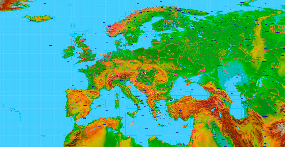 World Gall-Peters Projection Shaded Relief Political Vector Map High detailed fully editable Adobe Illustrator