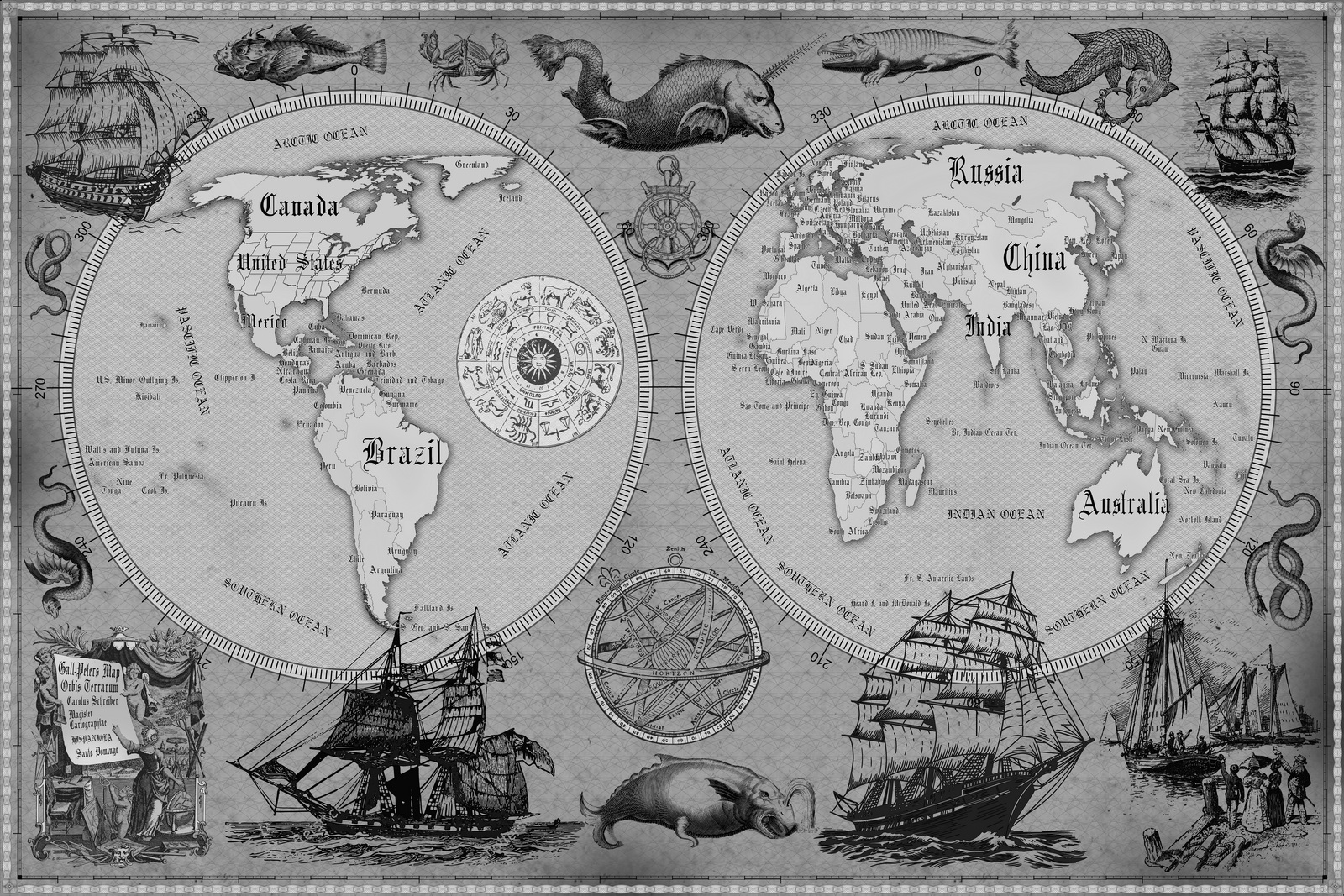 10 Vintage World Map Poster – 24x36 in (300 DPI, Print-Ready JPG) Gall Peters PRJ black-white palette