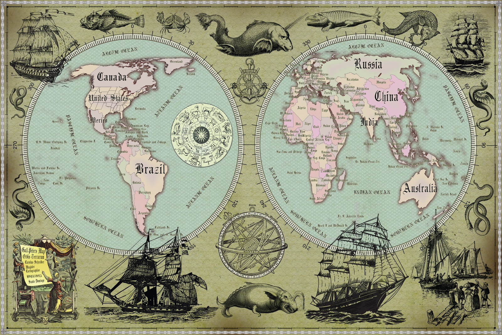 12 Vintage World Map Poster – 24x36 in (300 DPI, Print-Ready JPG) Gall Peters PRJ blue palette