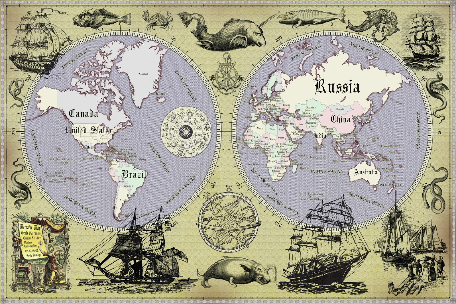 13 Vintage World Map Poster – 24x36 in (300 DPI, Print-Ready JPG) Mercator PRJ blue palette