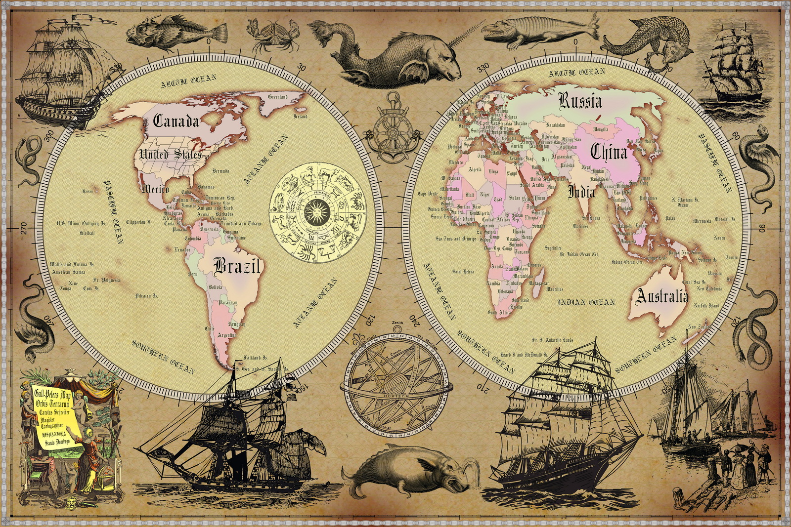 15 Vintage World Map Poster – 24x36 in (300 DPI, Print-Ready JPG) Gall Peters PRJ saturated colors palette