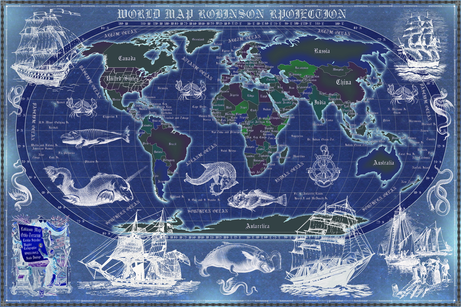 17 Vintage World Map Poster – 24x36 in (300 DPI, Print-Ready JPG) Robinson PRJ saturated blue palette