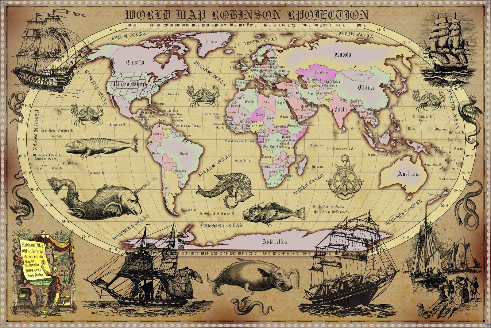 18 Vintage World Map Poster – 24x36 in (300 DPI, Print-Ready JPG) Robinson PRJ saturated colors palette