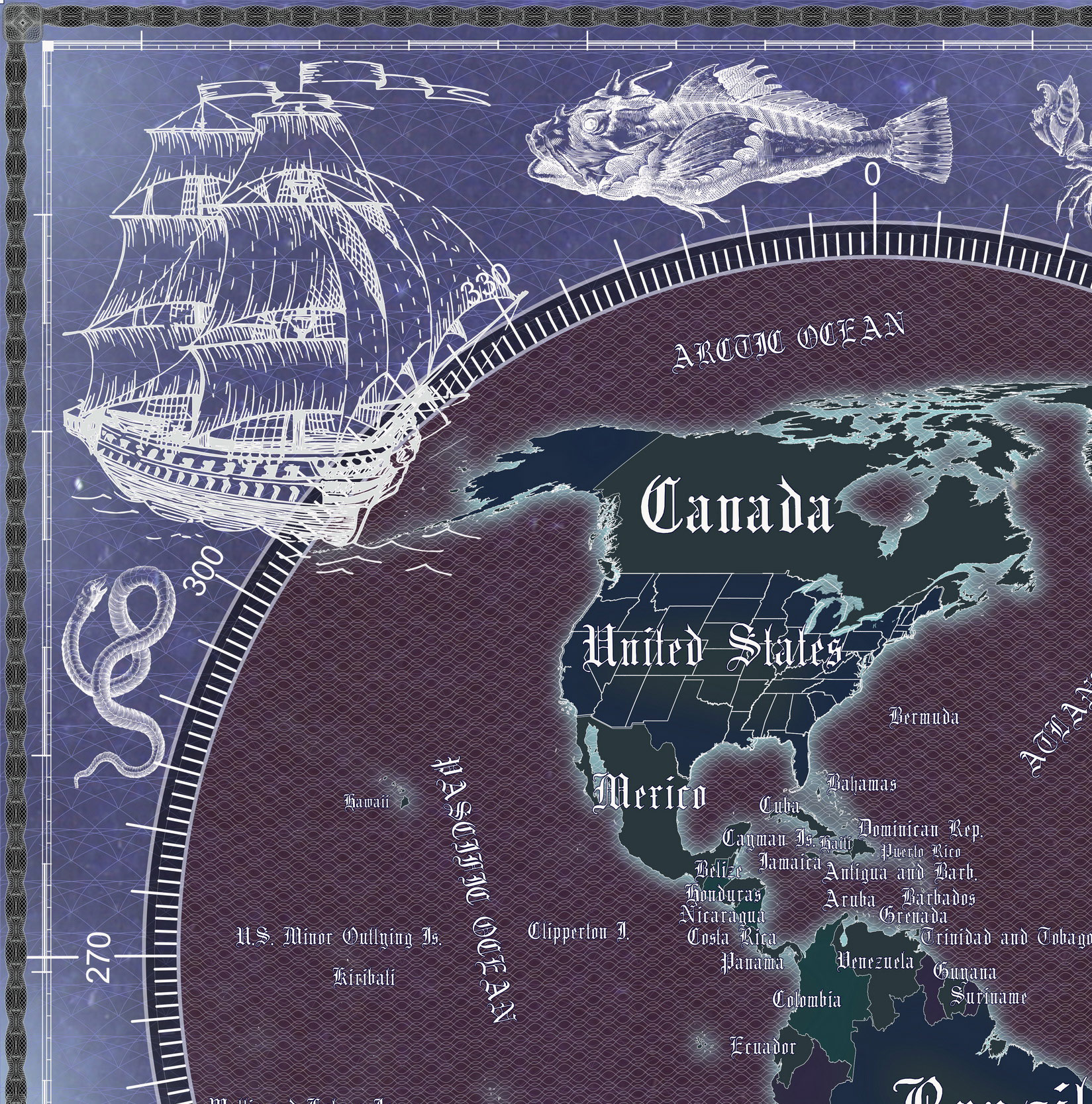 9 Vintage World Map Poster – 24x36 in (300 DPI, Print-Ready JPG) Gall Peters PRJ blue invert palette