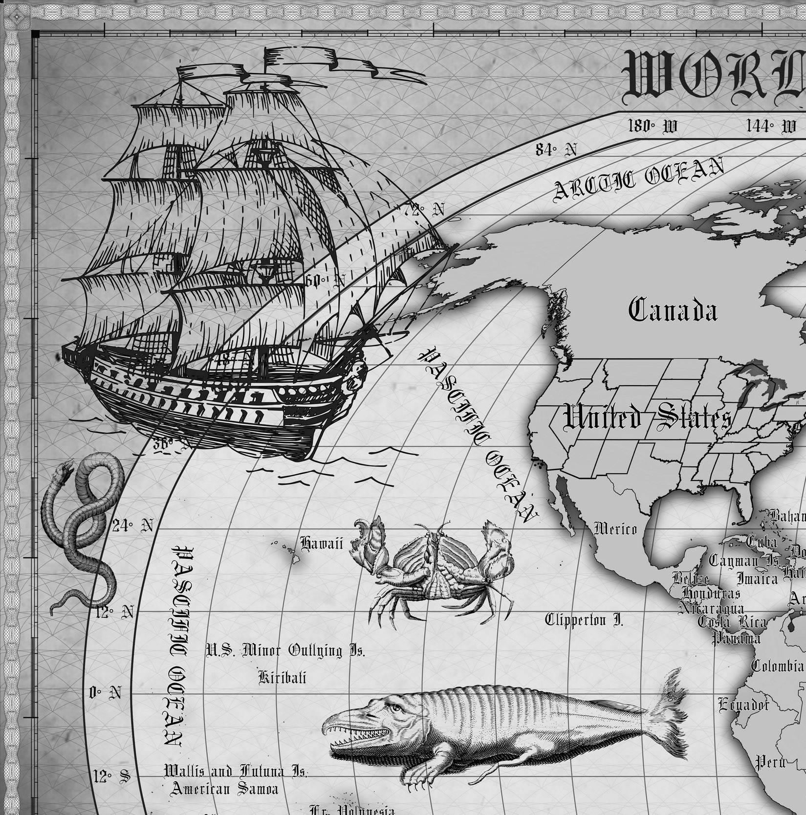 7 Vintage World Map Poster – 24x36 in (300 DPI, Print-Ready JPG) Robinson PRJ black-white palette