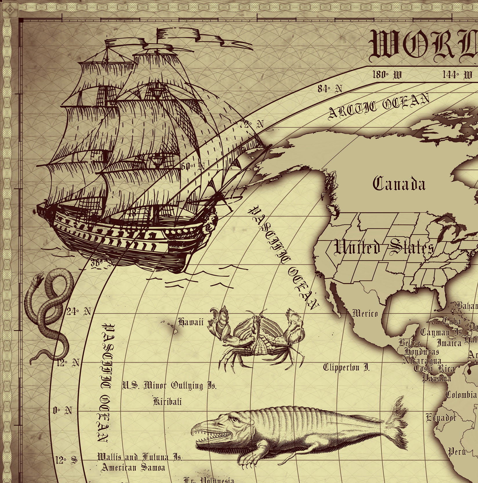 5 Vintage World Map Poster – 24x36 in (300 DPI, Print-Ready JPG) Robinson PRJ brown palette