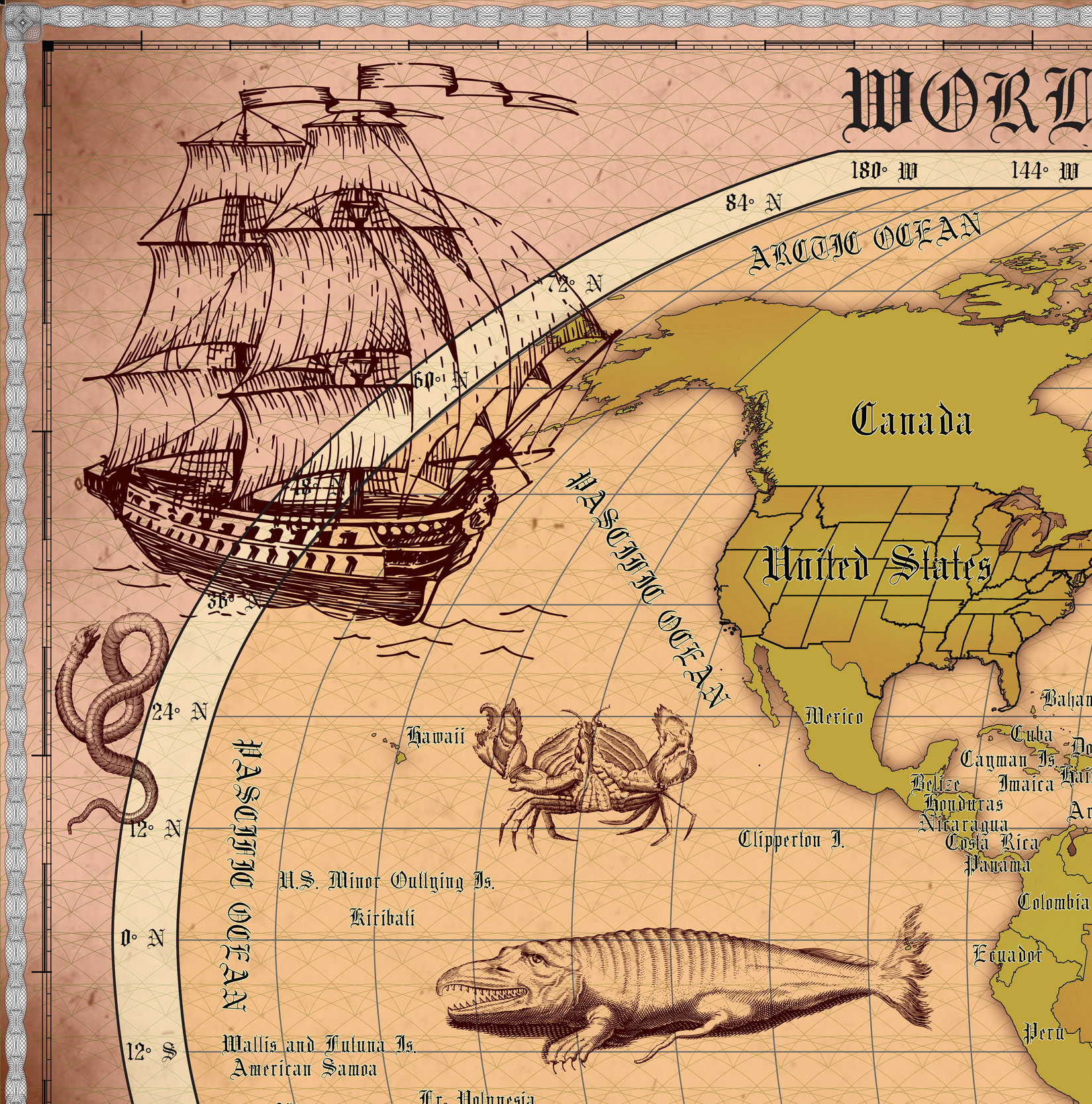 1 Vintage World Map Poster – 24x36 in (300 DPI, Print-Ready JPG) Robinson PRJ warm palette