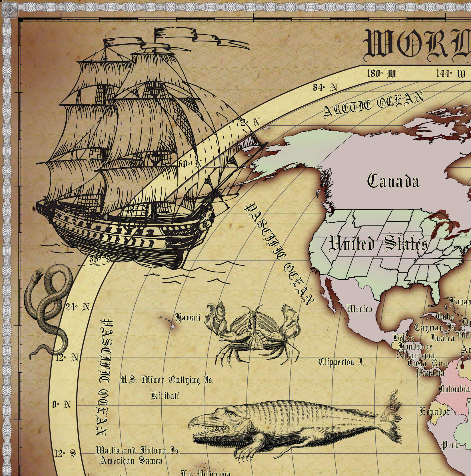 18 Vintage World Map Poster – 24x36 in (300 DPI, Print-Ready JPG) Robinson PRJ saturated colors palette