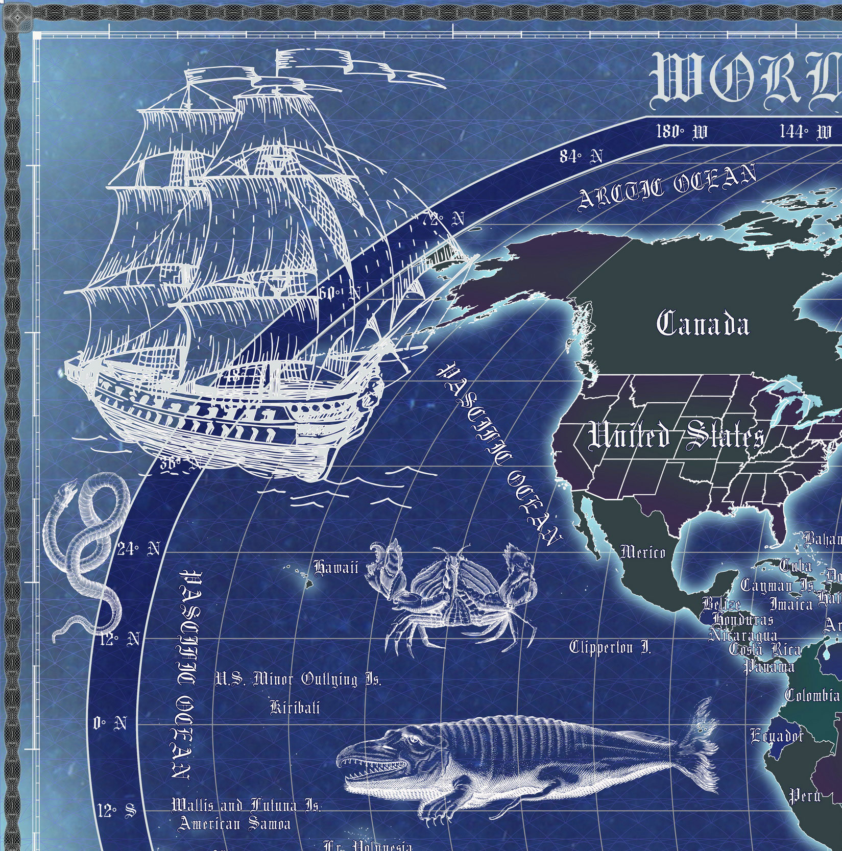 17 Vintage World Map Poster – 24x36 in (300 DPI, Print-Ready JPG) Robinson PRJ saturated blue palette