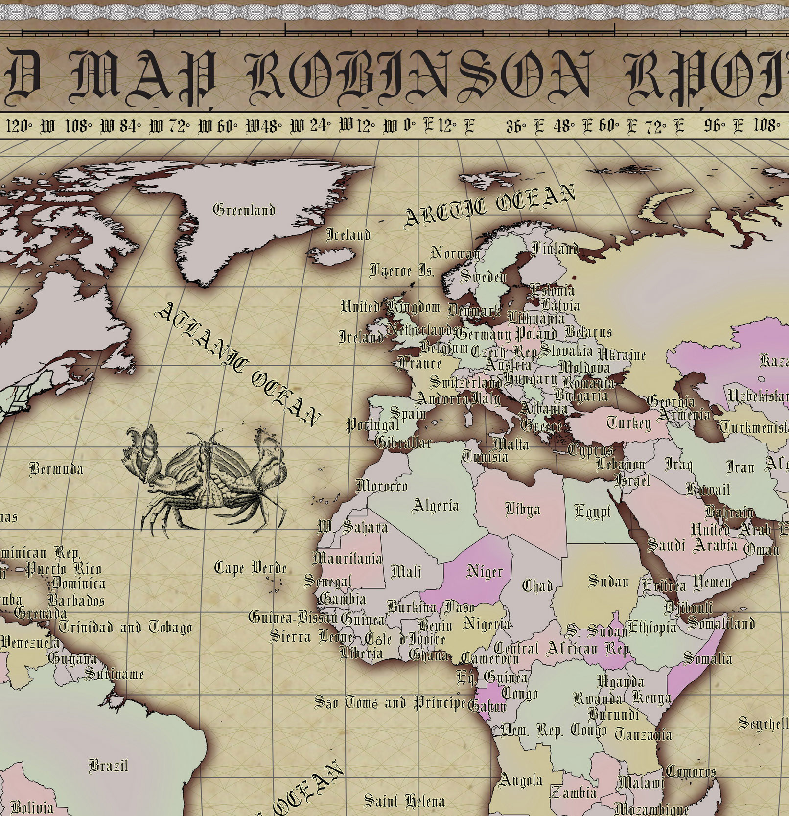 20 Vintage World Map Poster – 24x36 in (300 DPI, Print-Ready JPG) Robinson PRJ saturated classic palette