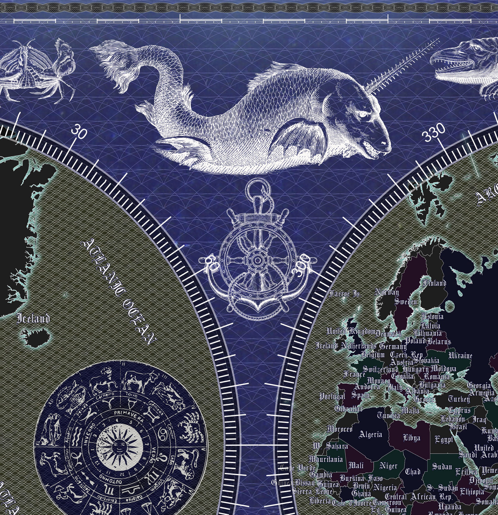 11 Vintage World Map Poster – 24x36 in (300 DPI, Print-Ready JPG) Mercator PRJ blue invert palette