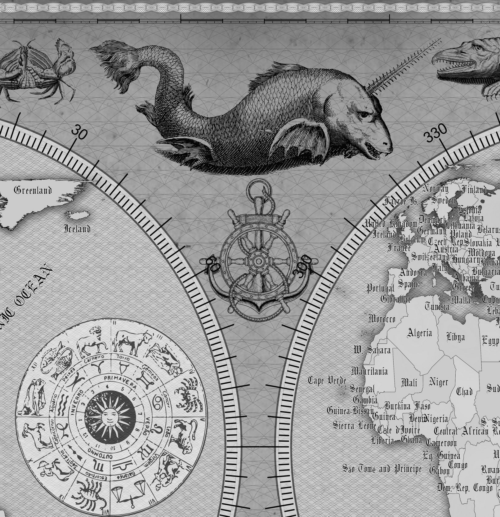 10 Vintage World Map Poster – 24x36 in (300 DPI, Print-Ready JPG) Gall Peters PRJ black-white palette