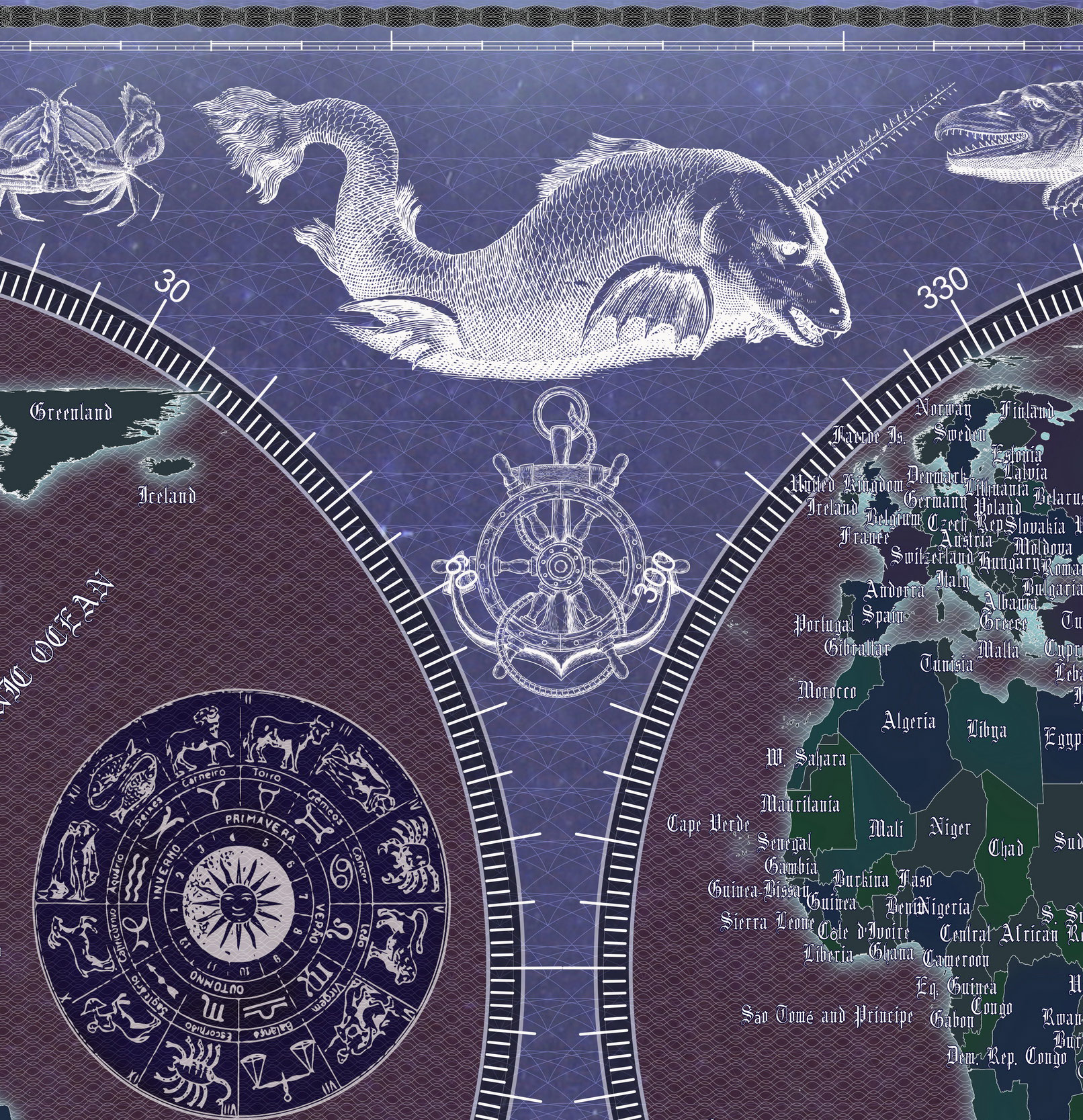 9 Vintage World Map Poster – 24x36 in (300 DPI, Print-Ready JPG) Gall Peters PRJ blue invert palette