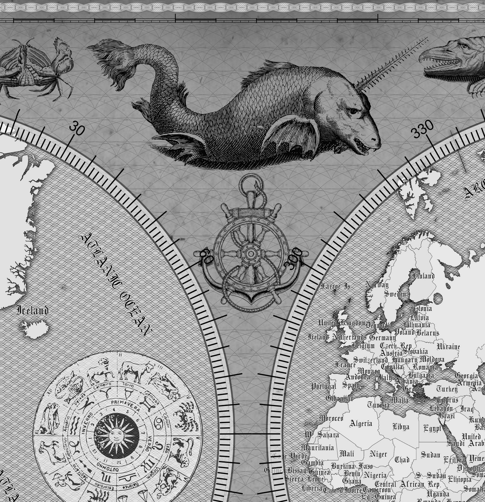 8 Vintage World Map Poster – 24x36 in (300 DPI, Print-Ready JPG) Mercator PRJ black-white palette