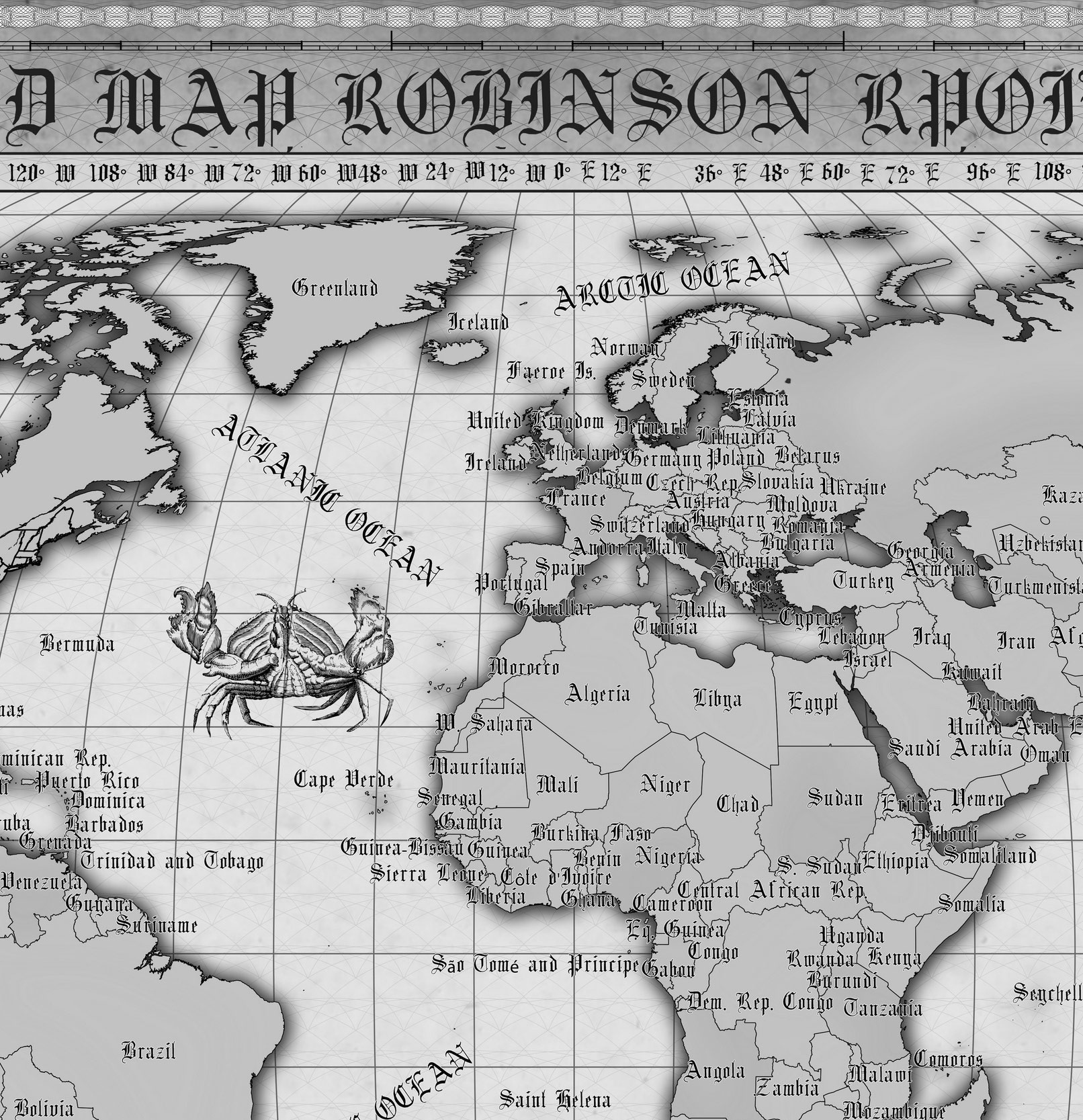 7 Vintage World Map Poster – 24x36 in (300 DPI, Print-Ready JPG) Robinson PRJ black-white palette