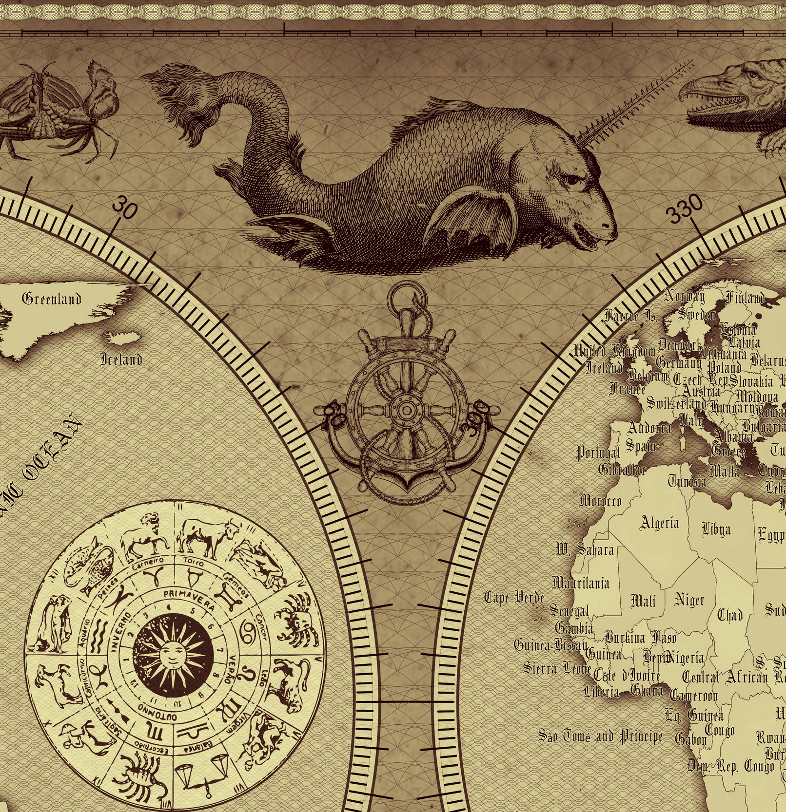 6 Vintage World Map Poster – 24x36 in (300 DPI, Print-Ready JPG) Gall Peters PRJ brown palette