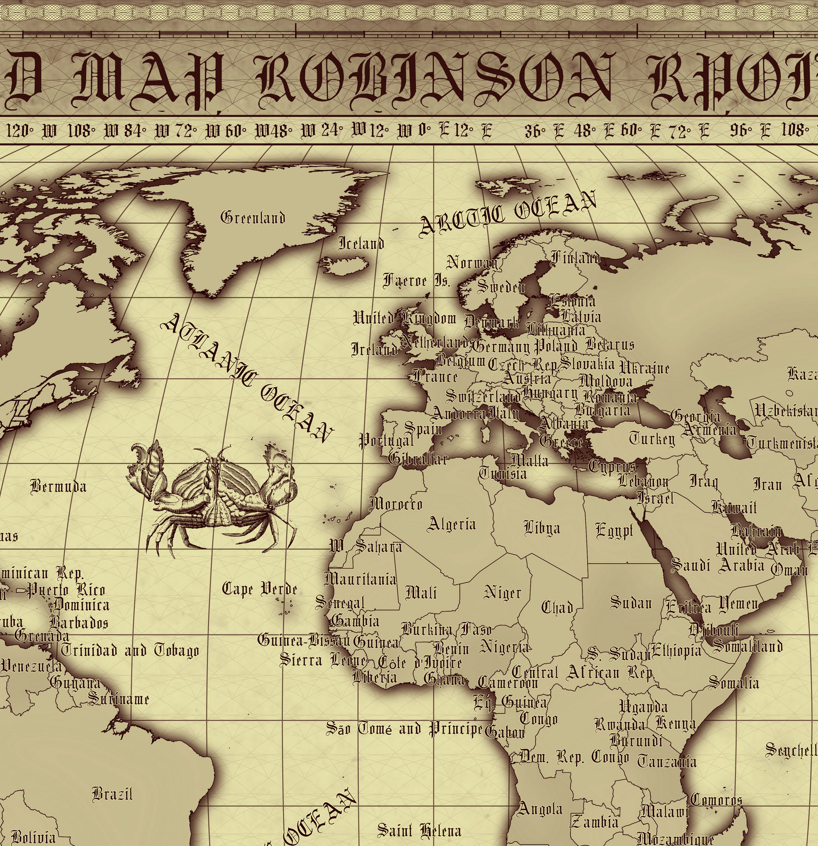 5 Vintage World Map Poster – 24x36 in (300 DPI, Print-Ready JPG) Robinson PRJ brown palette