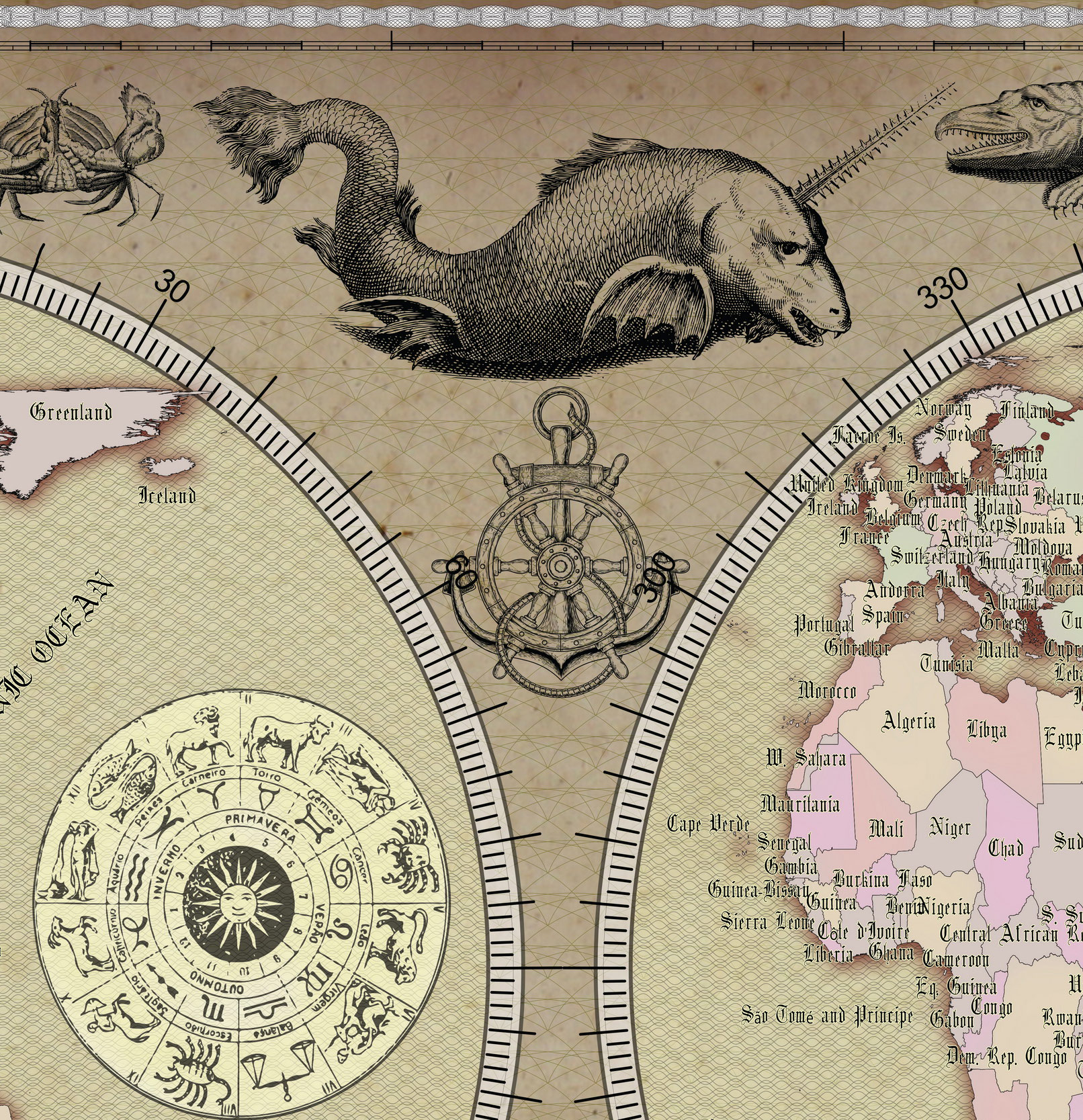 19 Vintage World Map Poster – 24x36 in (300 DPI, Print-Ready JPG) Gall Peters PRJ saturated warm colors palette