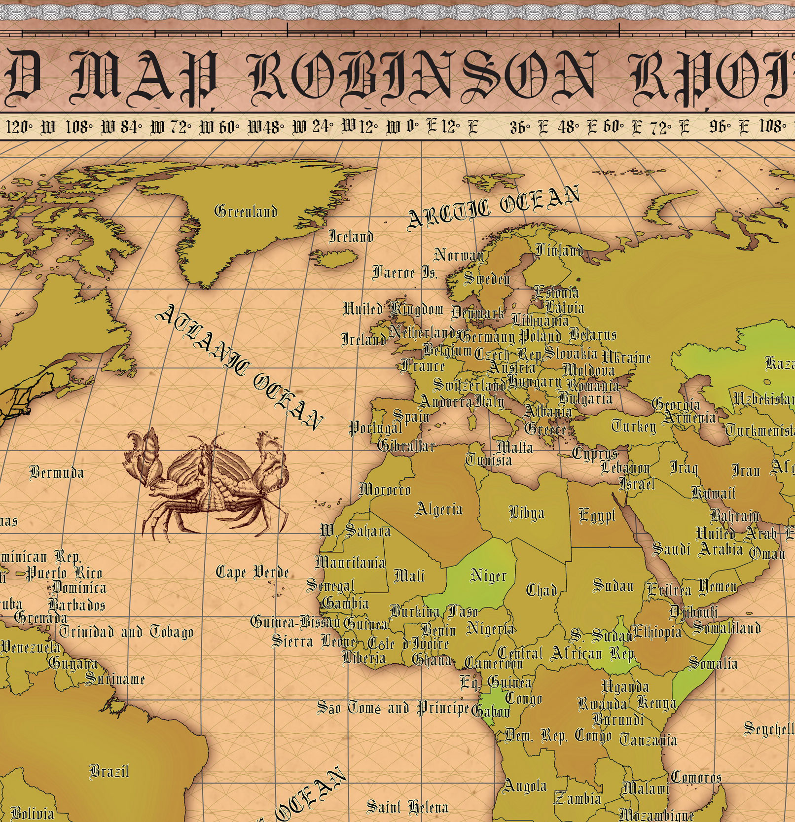 1 Vintage World Map Poster – 24x36 in (300 DPI, Print-Ready JPG) Robinson PRJ warm palette