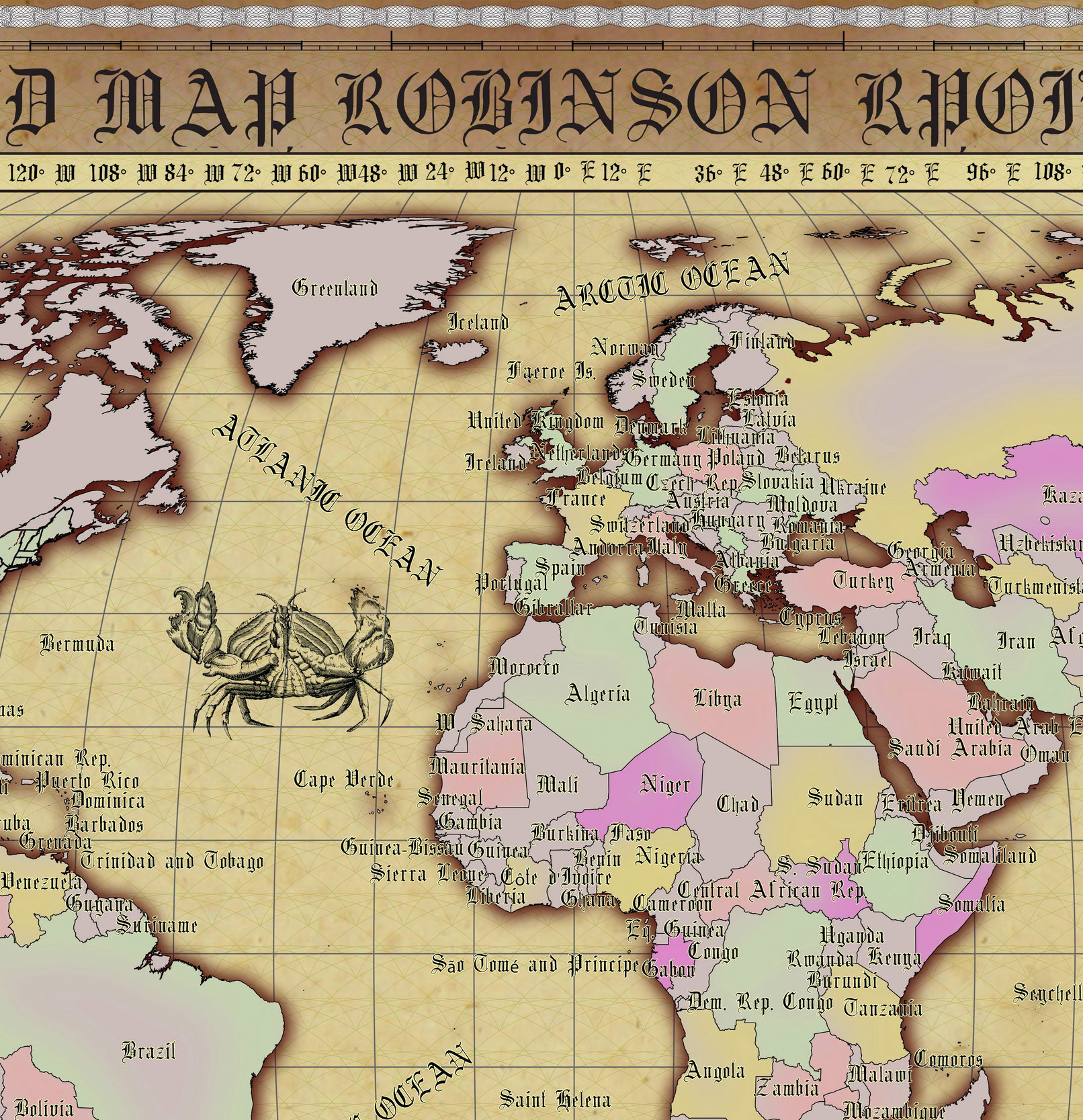 18 Vintage World Map Poster – 24x36 in (300 DPI, Print-Ready JPG) Robinson PRJ saturated colors palette