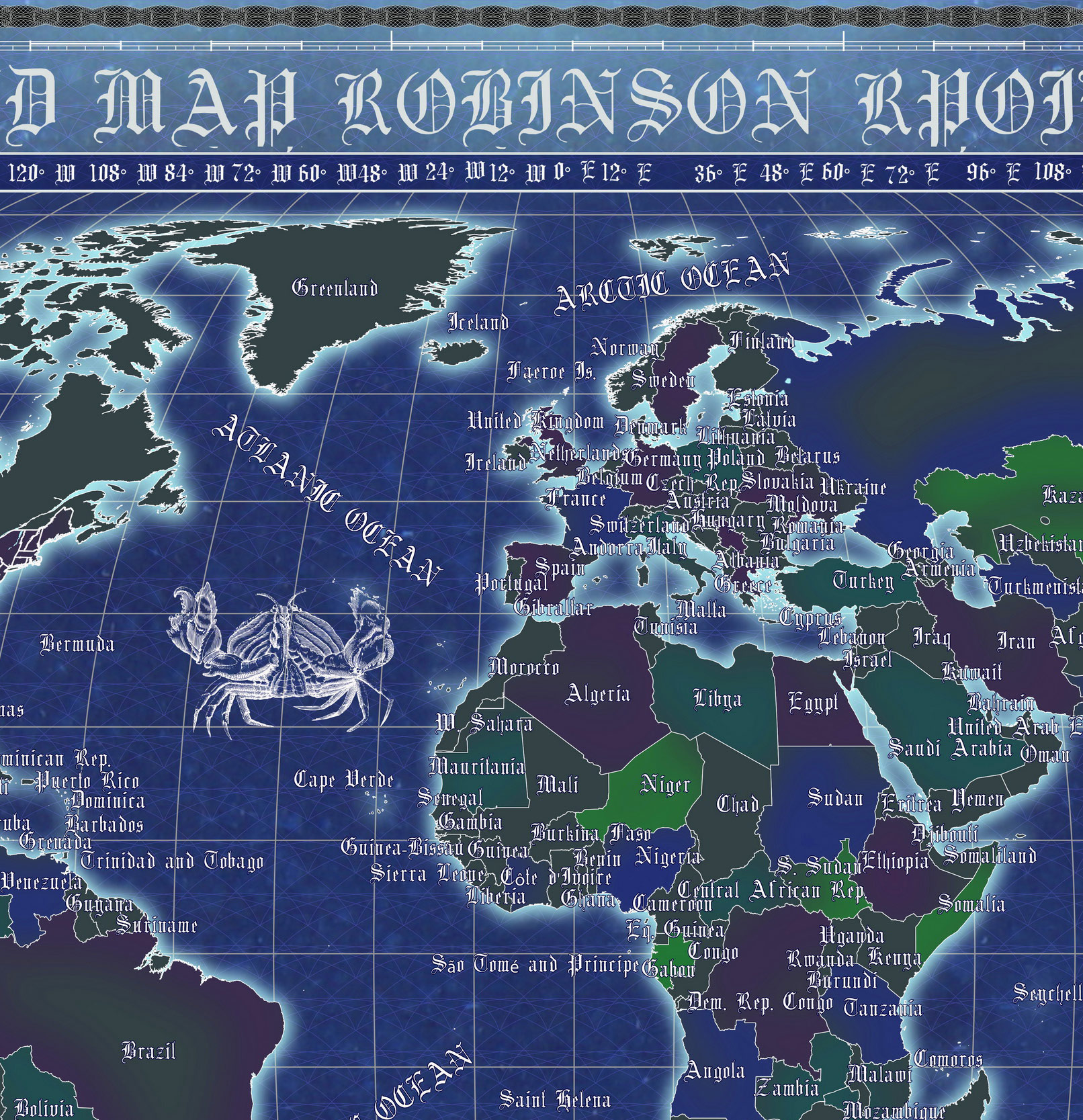 17 Vintage World Map Poster – 24x36 in (300 DPI, Print-Ready JPG) Robinson PRJ saturated blue palette