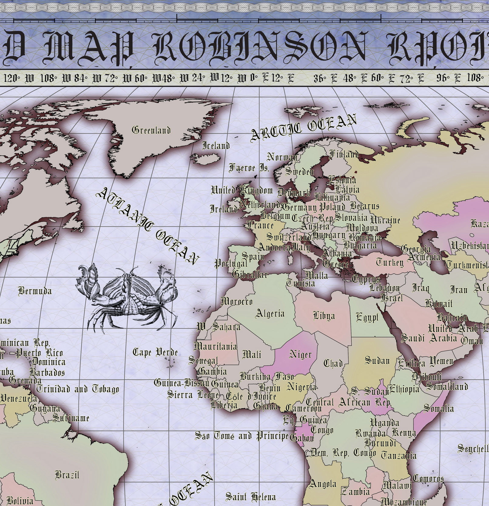 14 Vintage World Map Poster – 24x36 in (300 DPI, Print-Ready JPG) Robinson PRJ blue palette