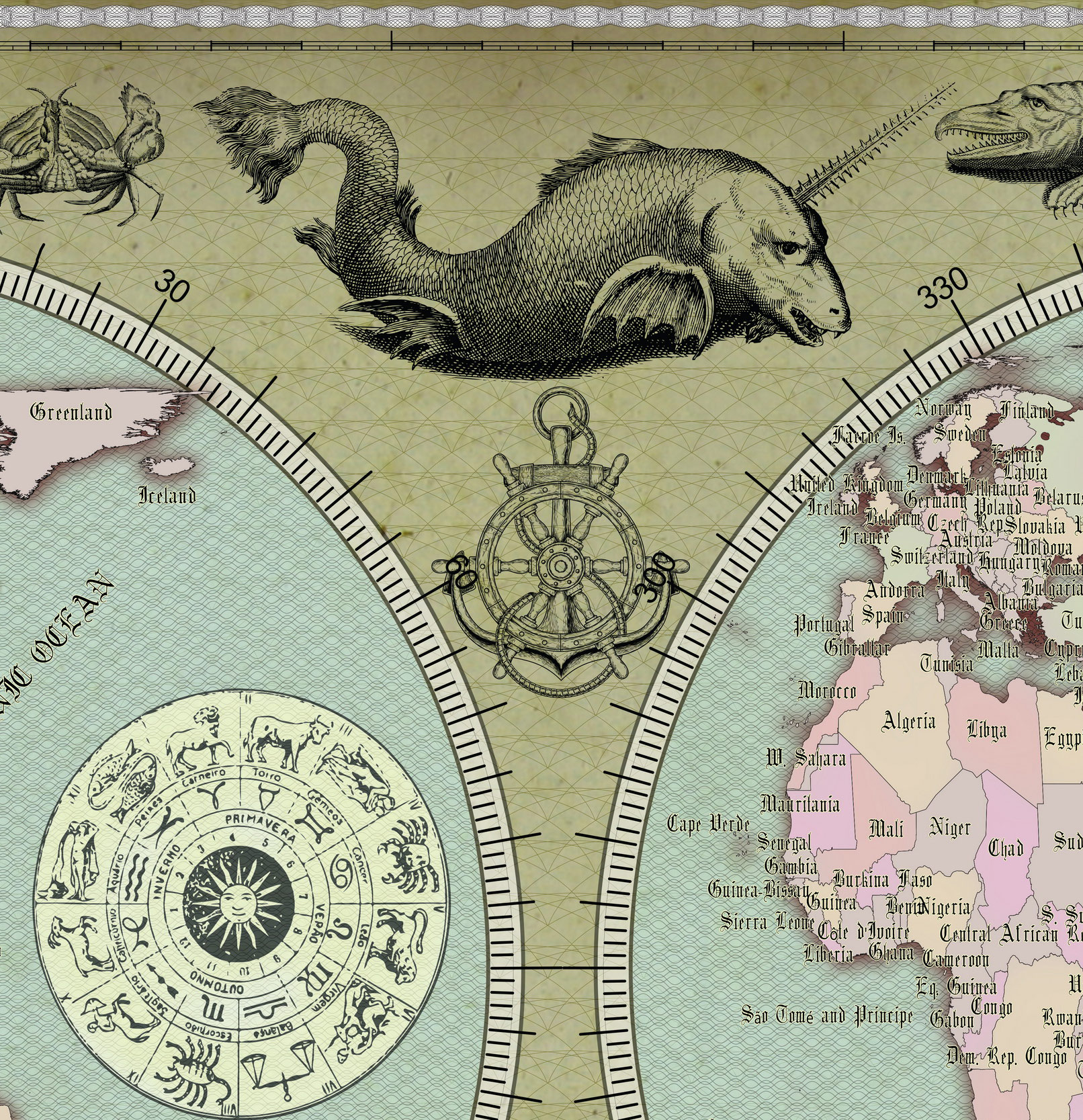 12 Vintage World Map Poster – 24x36 in (300 DPI, Print-Ready JPG) Gall Peters PRJ blue palette