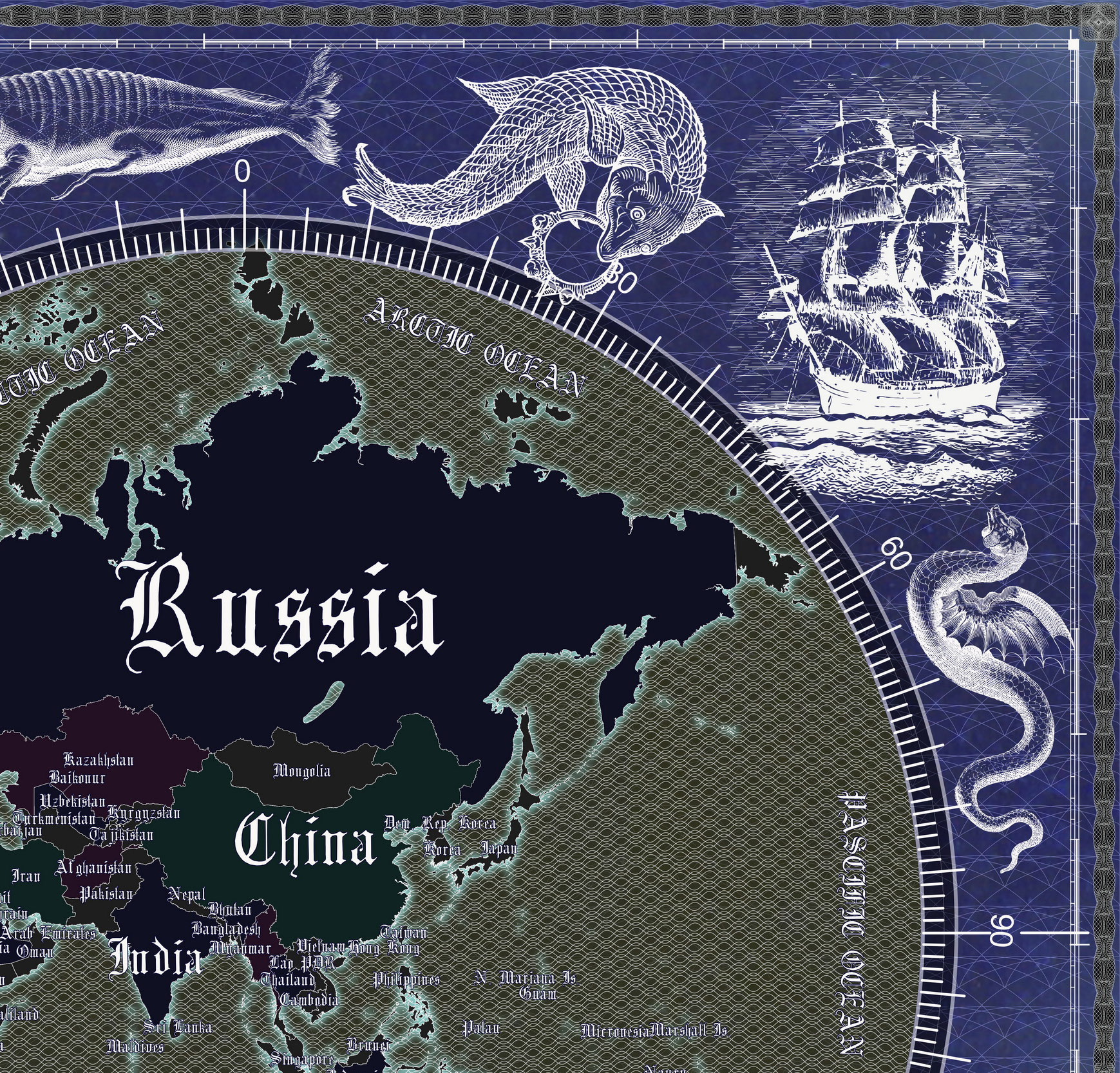 11 Vintage World Map Poster – 24x36 in (300 DPI, Print-Ready JPG) Mercator PRJ blue invert palette