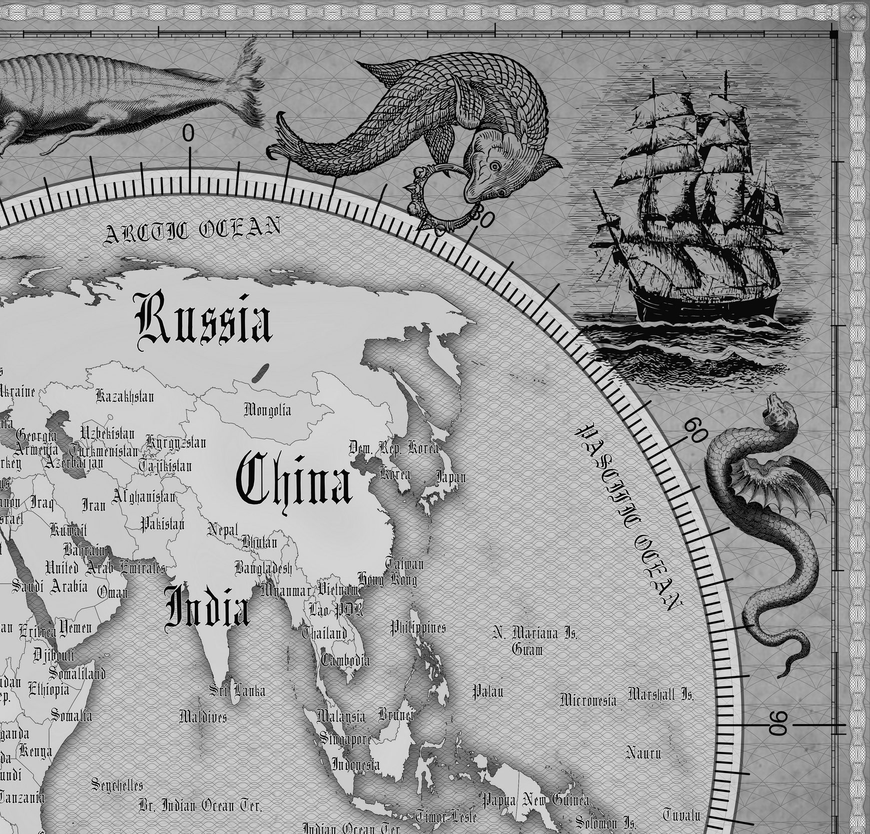 10 Vintage World Map Poster – 24x36 in (300 DPI, Print-Ready JPG) Gall Peters PRJ black-white palette